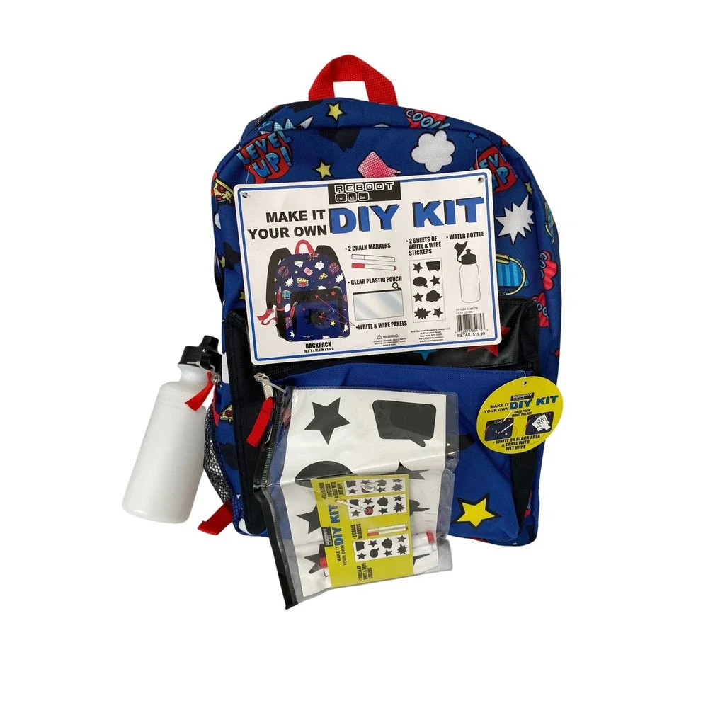 Reboot DIY Kit Backpack Boys OS Blue NEW Gamer Video Game Customize Water Bottle